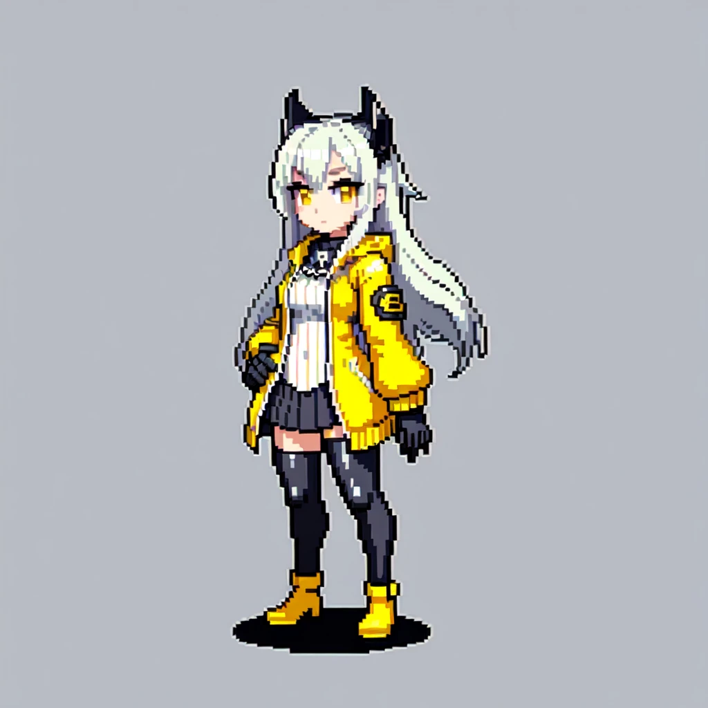 (masterpiece, top quality, best quality), pixel,pixel art,1girl, yellow_eyes, chibi, gloves, solo, photo_background, jacket, long_hair, grey_hair,fullbody