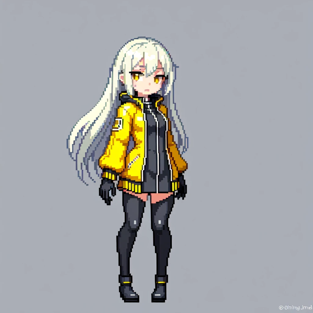 (masterpiece, top quality, best quality), pixel,pixel art,1girl, yellow_eyes, chibi, gloves, solo, photo_background, jacket, long_hair, grey_hair,fullbody