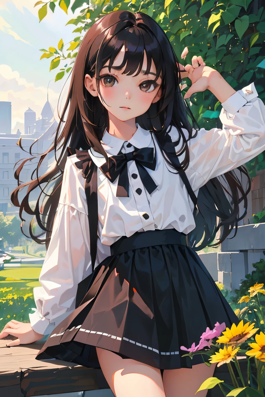 (child)，highest quality，Beautiful face in every detail，cute，Dark brown eyes，(背の低いcute女の子，Small young student，Young delicate girl）,（masterpiece，Top quality)，Black Hair，Sleepy expression，Lolita Clothing，Short sleeve white shirt，Colorful checked skirt，garden