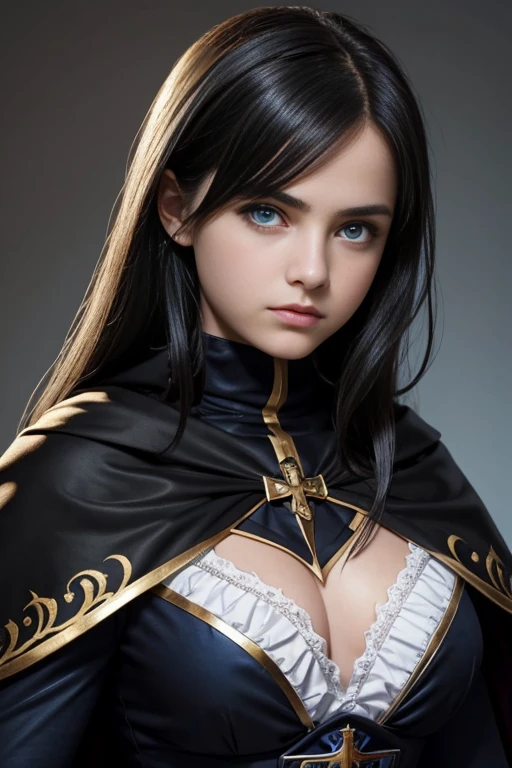 girl, evil, teen(1.3),13 yearsirl, very smaleats, black hair and blue eyes, detailed face, ,cleavage, cropped with cape, desing with christian cross ,background in prussia
