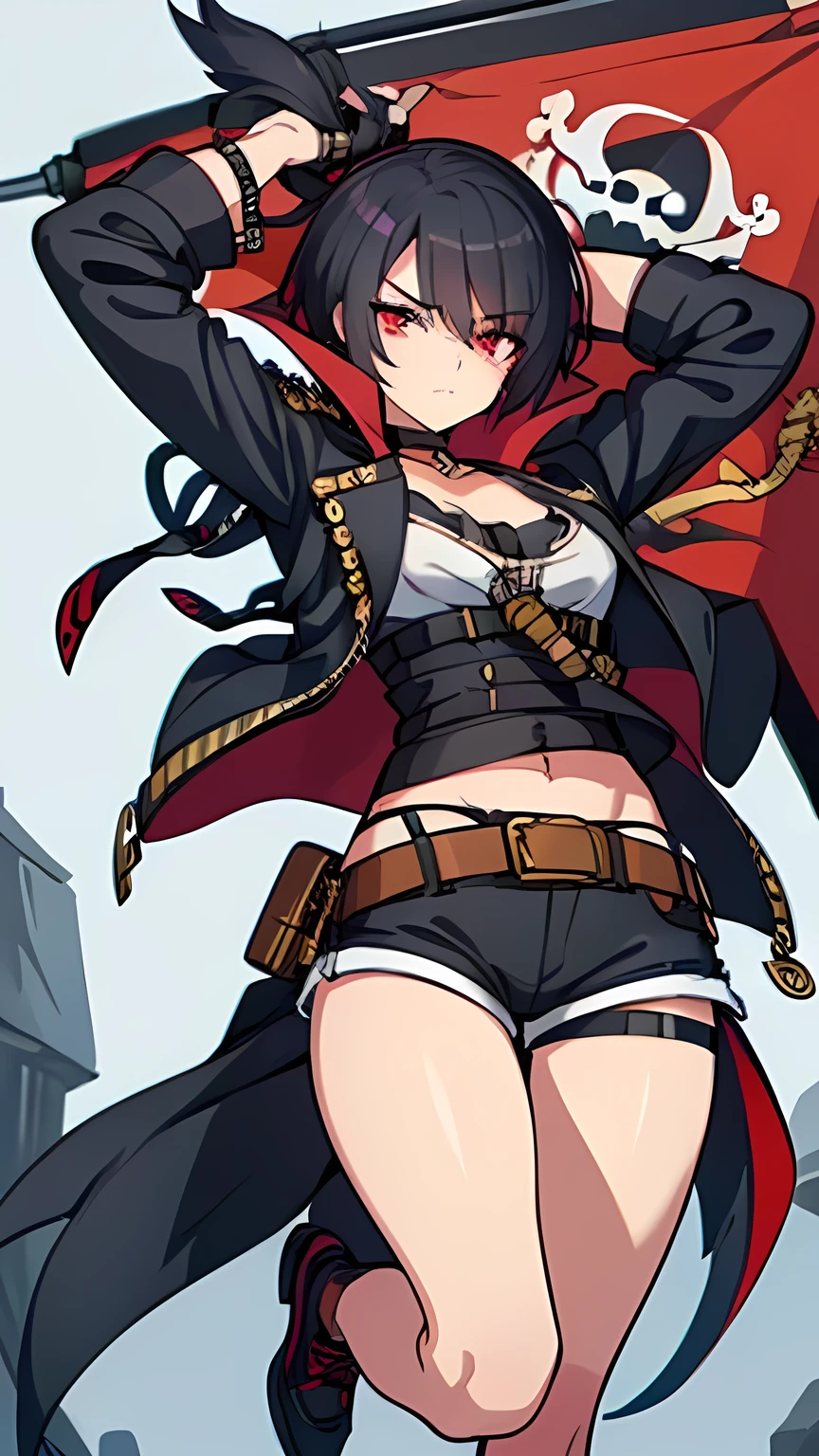 A girl with a sharp look and a cool character, with an imperious and stern look, short black hair covering the right eye, Scarlet eyes Body type like a model, pirate clothes, short shorts, wolf belt, shoes,Pirate Ship, Pirate flag, sky