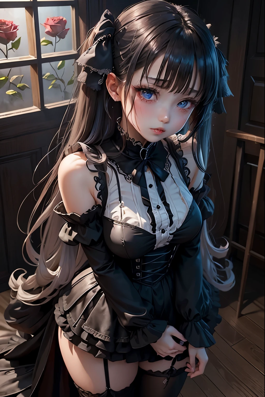 ハードDark Gothicメイク、Deep Night Sky、Horror、Black dark eyeshadow、cry、sad、Good skin radiance、Dark Gothicメイク、Dark smile、palace、The beauty of fragrance、24-years-old、Expressions of intense sexual pleasure、Embarrassed look、Dark Gothic、Obscene language、highest quality、Expression of sexual pleasure amid suffering、Drunk face、紫のMaid clothes、Mysterious、Noble、The face of someone who is holding in the toilet、sexy、Loving smile、Twin tail hair、Right blue eye, Left eye is red、Super seductive pose、Platform Heel Shoes、Heavy makeup、Gothic Lolita Clothing、A little slimmer、Silver Hair、Long Hair Straight Hair、Cute Gothic Lolita Dress、Beautiful Face、elegant features、Fascinating face、Stained glassが背景、Chest glistening with sweat、The room is dark、goth long dress、Bell Sleeves、Wizard Sleeve、Decadent look、Sexually excited expression、Glossy thighs wet with water、Thighs that are wet and shiny with oil、Background of a room full of roses、sad表情、Rose Maiden、The embroidery is pink、The dress has pink embroidery、Thigh-high socks、Knee-high socks、Gentle expression、Dark black eyeshadow、despicable act、Stained glassと薔薇背景、thighs are a little thin、Female Duo、Female couple、dark church background、Stained glass、Black metal world、Dark Castle、Dark Room、Slender body、upright、walk、Are standing、gothic long dresaid clothes、Victorian dresses、Her thighs glisten with sweat、My body is wet and shiny、Lots of glitter on the thighs、sweating、My thighs are sticky from sweating、Sweat glistens on the thighs, The whole body is sweaty and shiny、Quite sweaty、My thighs are sweaty、My thighs are so wet、My thighs are shining with sweat、A lot of sweat glistens all over the body、Small breasts、Thick knee-length dress、Slightly hides the bust、