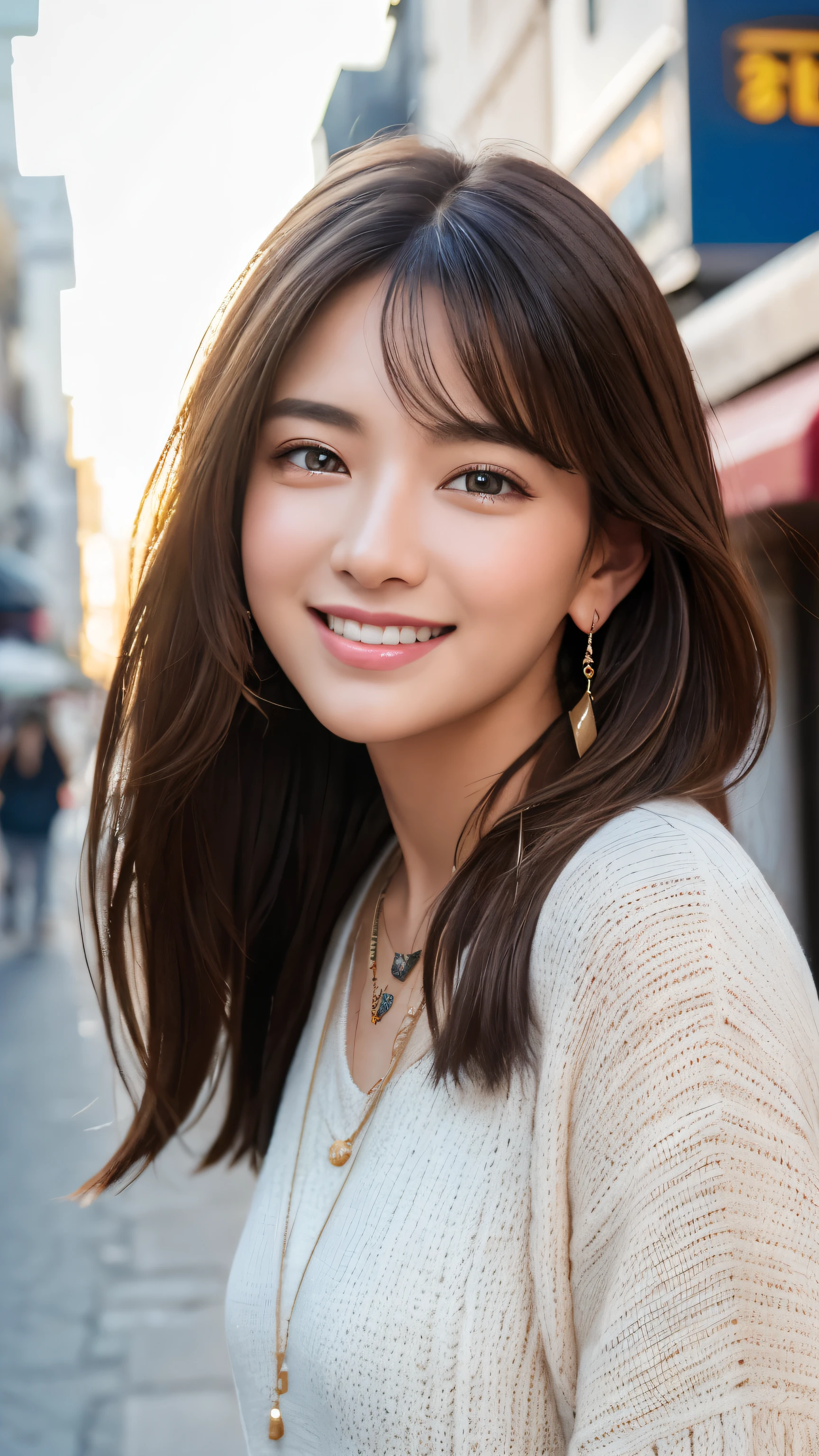 最high quality、Obra de arte、high resolution、1 female、colar、gem、brincos、rosto bonito、corpo para cima、Efeito Tyndall、realista、luz de aro、Two-tone lighting、(High definition skins:1.2)、8K UHD、SLR Digital、soft lighting、alta qualidade、volumetric lighting、fotografia、high resolution、4k、8K、mulher de cabelos castanhos、adulto、Olhos pequenos、boca perfeita、Olhos e boca altamente detalhados、Olhos naturais pretos、Cor de cabelo castanho puro、grande risada、Cor da pele branca、Street fashion in random colors、Qualidade de cabelo brilhante、Porto de Yotto