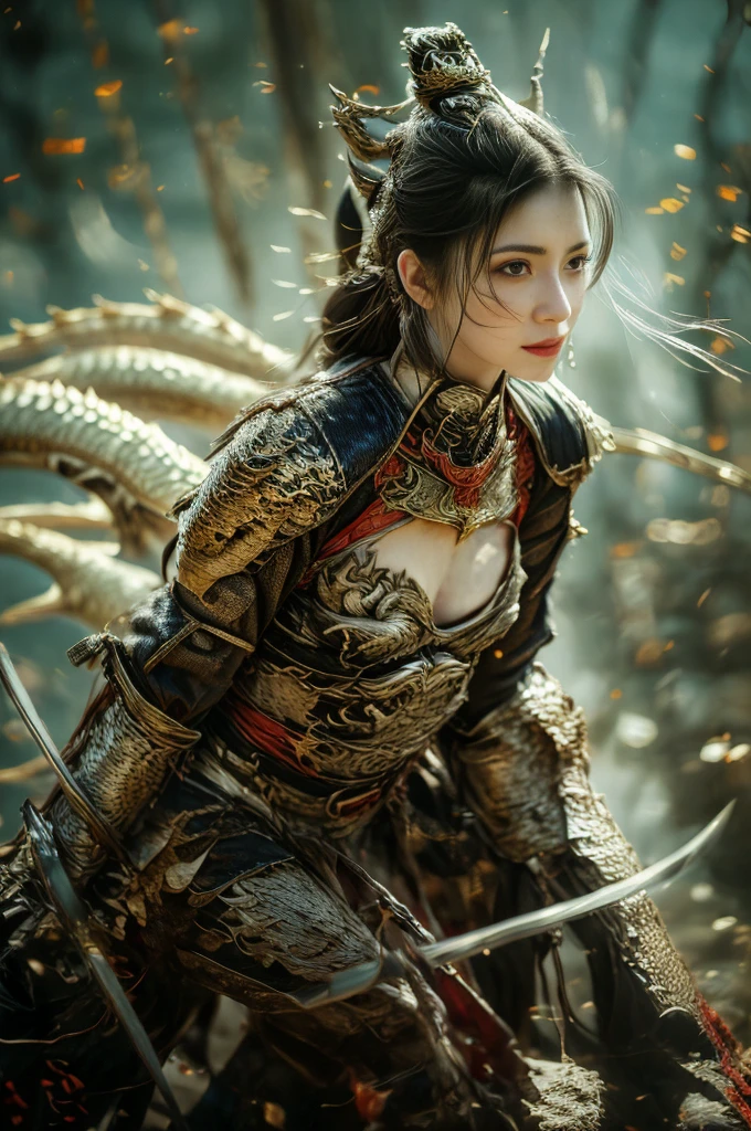 (8k, highest quality, masterpiece)，(Realistic, RAW Photos, Super Fine Clear), Realistic Light, Detailed skin, Beautiful woman, ((25 year old girl, Dragon Knight:1.5)), Thin legs, fine grain, Long white hair, Detailed fingers, thin, Sexual, Ecstasy Facial Expressions, (Super big bouncy and firm bust), The chest of the armor is wide open, Exposing breasts, (Crimson armor), (garden, Flower Storm), Lakeside palace, 1 Golden Dragon, Stand beside the dragon