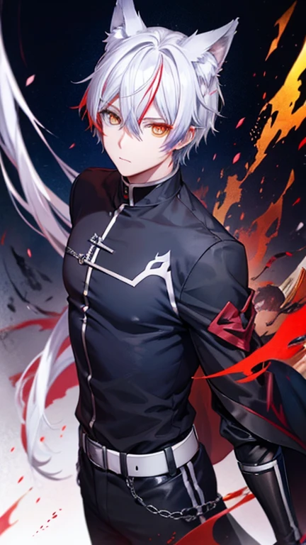 male anime character,Heterochromia,Yellow Eyes, Fiery red eyes, Silver Hair, long 青 hourglass tip , Clothes in blue and black colors, male  ,Wolf Ears,Upper body only