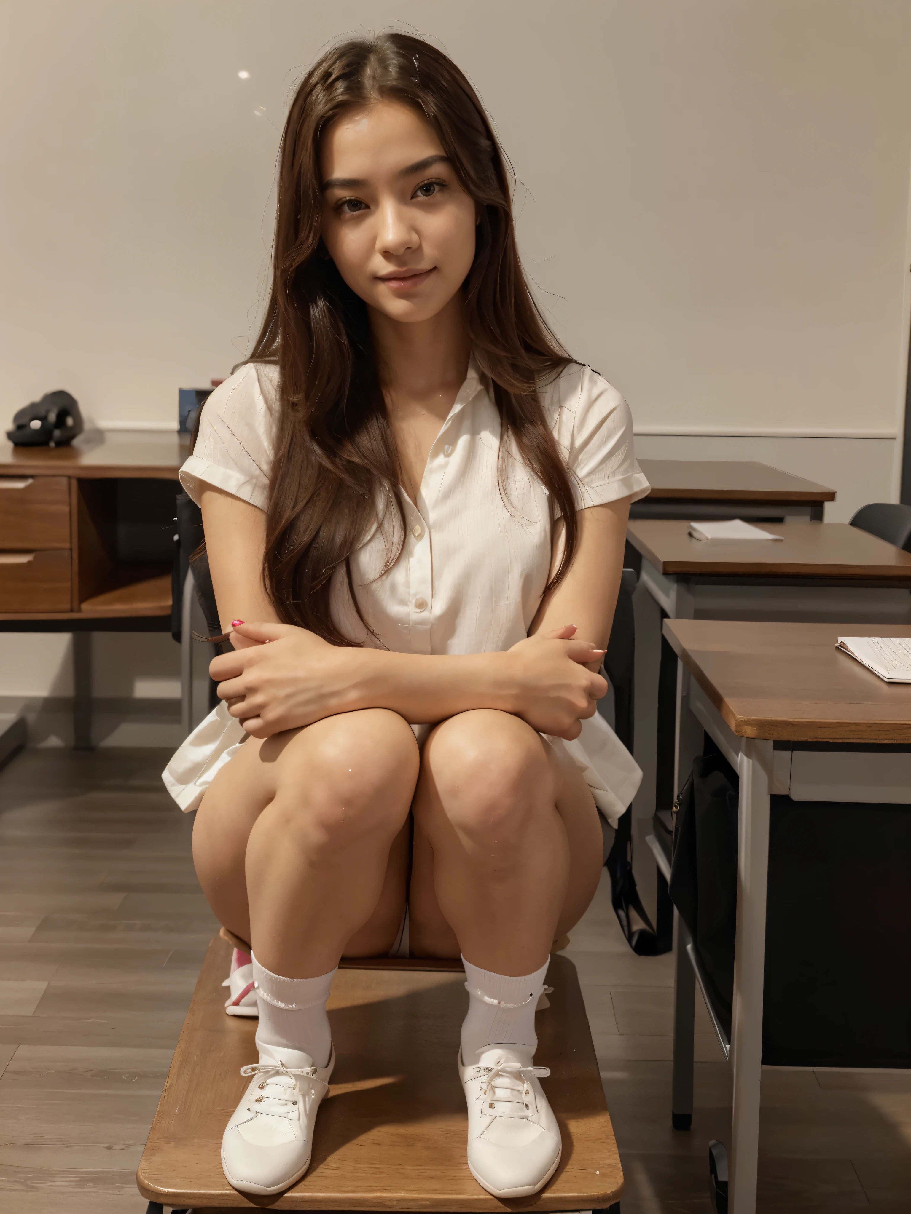 (highres,masterpiece:1.2),ultra-detailed,portrait,photorealistic,beautiful young oriental woman,20-year-old,long dark pink hair,(cute,detailed,expressive) eyes,detailed lips,(endearing,adorable) smile,wearing a red and black ,(meticulously designed,detailed,pleated skirt),(well-fitted,breathable) white blouse,white socks,(appealing,stylish) black shoes,(crisp-clean) white panties,sitting on a table in an empty classroom,(comfortable,relaxed) posture,(gentle,feminine) hands holding an apple,(innocent,charming) facial expression,full body,blackboard in the background,(vivid colors,rich contrast),geographic globe on the corner of the desk,stack of books beside the globe,(meticulously drawn,pens) neatly arranged on the desk.