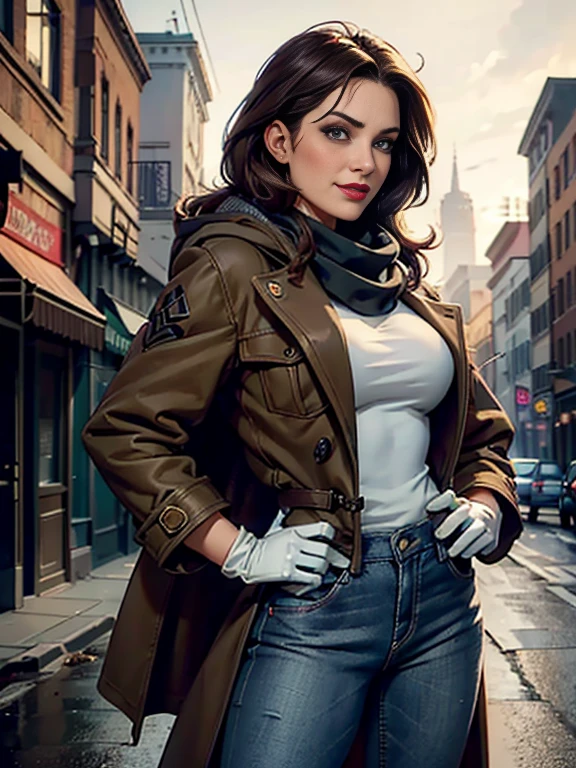 Kat Denningasterpiece:1.0)、(highest quality:1.2)、(Dark Shot:1.3)、Classic Rogue、1991 Rogue X-Men、1 girl、Only one person、Head to Toe、standing on street corner、Elegant pose、(clothing: Brown winter coat、Brown hood、Down lining、White scarf、gloves、jeans) Medium Hair、Brown Hair、Wavy Hair、1 grey hair、Green Eyeischievous look、Grin、Spread your lips、Red lipstick、Heavy makeup、Confident expression、Backlight、(realism: 1.5)、(realism: 1.4)、(Messy: 1.4)、8k、Very detailed、Detailed beautiful woman、(background: midnight、It's snowing、Downtown New York、Snowy Night)、Official Art、Very detailedな CG Unity 8k 壁紙、Perfect lighting、colorful、超High resolution、photograph、8k、High resolution、Kodak Portrait 400、Film Grain、ぼやけたbackground、(Bokeh:1.2)、(Bright colors:1.2)、Film Grain:1.2、(warm color、warm colorトーン:1.2)、(カラーphotograph)、プロのphotograph