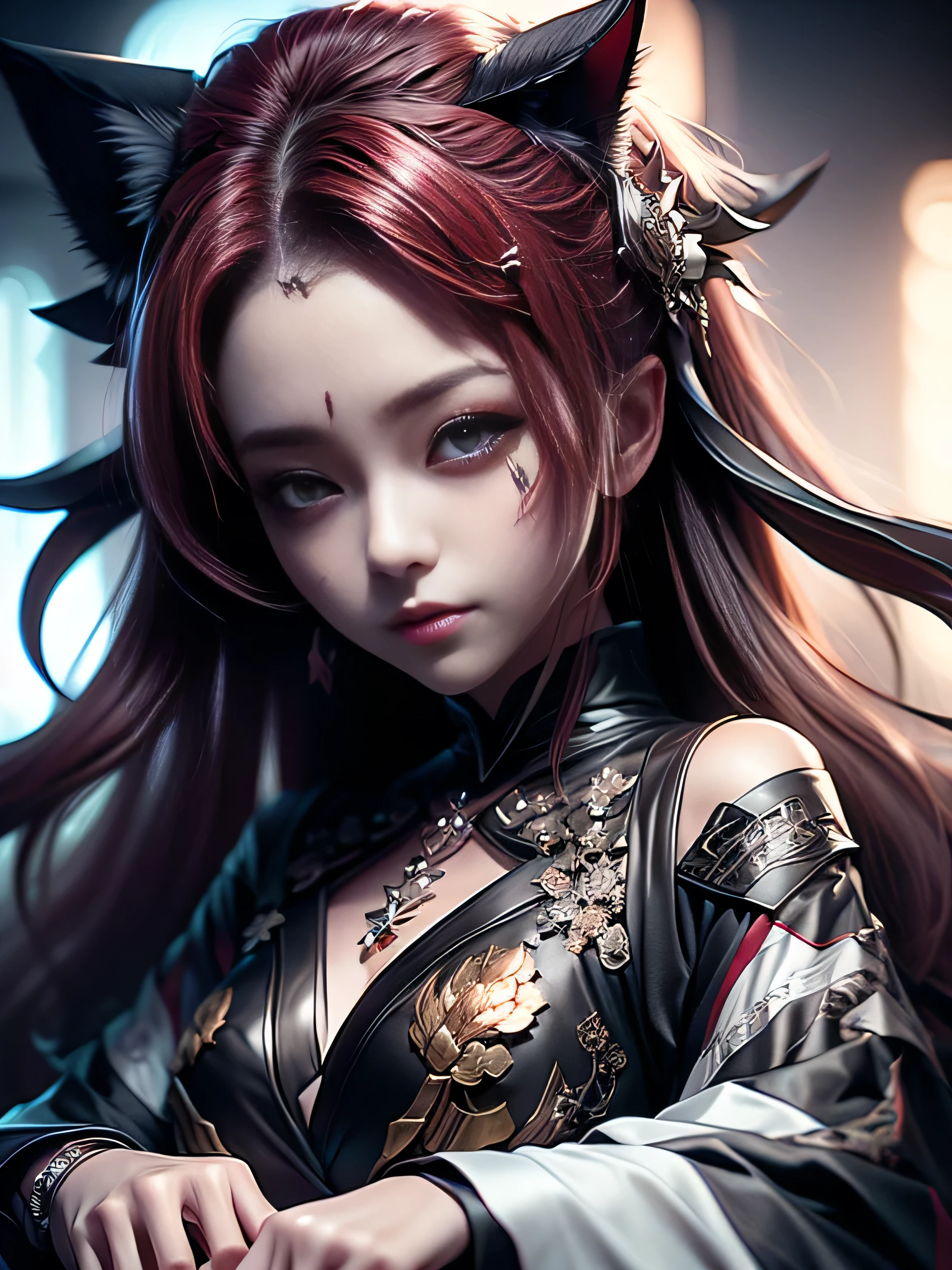 (masterpiece: 1.2), (best quality), (ultra detail), (8k, 4k, complex), (half frame: 1.2), (high detail: 1.2), (face detail: 1.2), (Realistic) stylish fox with red hair hair in leather clothes, cat and cake sitting on the sofa, attractive fox girl, Ruan Jia and Artgerm, Artgerm style, beautiful young fox girl, model ig | artgerm, cgstation trends, fox girl, Ideal female body, Eyes looking at camera (with long red hair, long bangs, Forehead, smile, seductive, inspired by anime character portrait) color difference, depth of field, dramatic shadow, ray tracing ,best quality,highly detailed CG,8K wallpaper,female model,[Carefully rendered hair [More about beautiful and shiny hair]],(Perfect hand detail [Beautiful fingers without breakage [Beautiful nails]],(Perfect anatomy (Perfect proportions) ) [[Full body view]],[Perfect color coordination (Accurate imitation of the interaction of light and material)], [Fine art that conveys the meaning of the story]