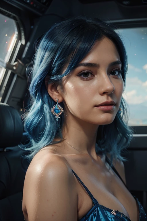 a woman with blue hair and earrings in space, exquisite digital illustration, lindo retrato de arte de fantasia, linda arte digital, linda arte digital, linda arte digitalwork, beautiful linda arte digital, bela arte uhd 4k, lindo retrato de fantasia, beautiful digital illustration, arte colorida de fantasia digital, estilo de arte de fantasia, very linda arte digital, stunning digital illustration