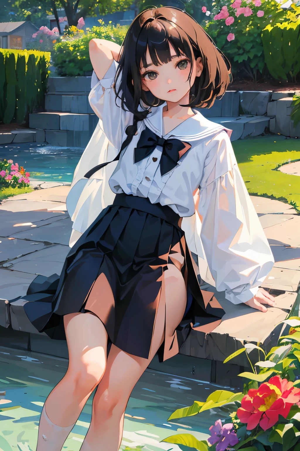 (child),highest quality,Beautiful face in every detail,cute,Dark brown eyes,(背の低いcute女の子,Small young student,Young delicate girl),(masterpiece,Top quality),Black Hair,Sleepy expression,ta Clothing,Short sleeve white shirt,Colorful checked skirt,garden