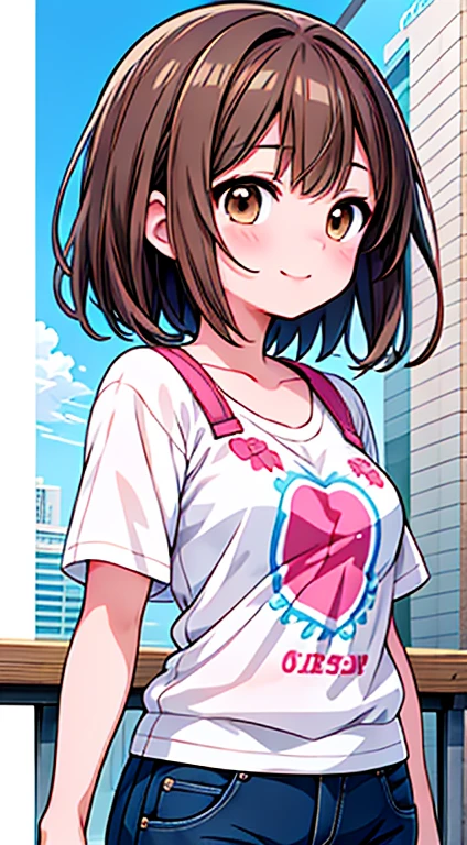 One woman,18-year-old,((highest quality)), masterpiece, Ultra-high resolution, 8k,Show anime style , One, Soft Line Art, Digital Enhancement, shojo anime touch, shojo manga core, Flowing fabric, close, Soft Drawing, (Ultra-Definition Digital Anime Art), Clear facial depiction, ((Super detailed girl cartoon character art)), (Ultra-detailed manga style), highest qualityの色, ((ショートカットのBrown Hair)), 美しいBrown Hair, (澄んだBrown eyes), Slightly chubby,Small breasts,Dynamic Angle, Dynamic pose, Thin face, a smile, smile, Beautiful woman, ((Sexy Woman)), (((Brown eyes, short hair, Brown Hair,))), Woman in white t-shirt, Adult female, Wear shorts, Animated characters in a scene from a balcony of a building with the sky in the background, Your Name movie style, Stills in TV anime, yourname, fiona staples and makoto shinkai, makoto shinkai and bioware, guweiz and makoto shinkai, Anime stills, Animated film stills, Anime movie screenshots, (Natural skin textures and crisp details, Ultra-realistic)