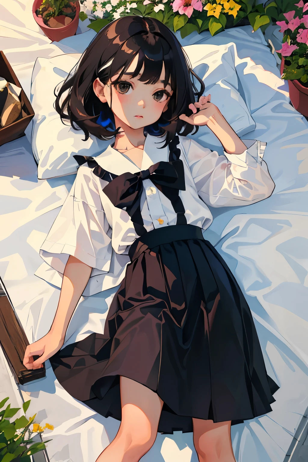 (child)，highest quality，Beautiful face in every detail，cute，Dark brown eyes，(背の低いcute女の子，Small young student，Young delicate girl）,（masterpiece，Top quality)，Black Hair，Sleepy expression，Lolita Clothing，Short sleeve white shirt，Colorful checked skirt，garden