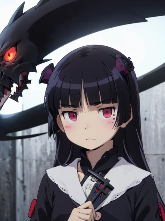 女一人とgrim Reaper一人, (((Sickle))), (((grim Reaper))), ((black)), (Skeleton), Red eyes, (Whitewashed face)、ruri gokou, Hime cut, Face Paint, darkness, dark, Gothic, mysterious, elegant, Creepy, grace, black, underworld, Shadow, night, cool, Ghost, Different world, antiquity, Mysterious, Mysterious, Heavy, accessories,