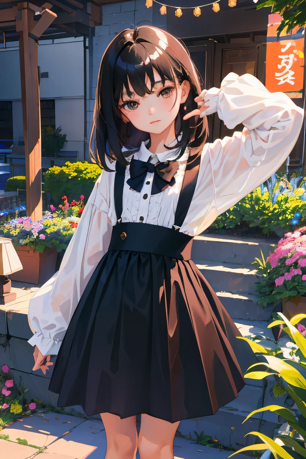 (child),highest quality,Beautiful face in every detail,cute,Dark brown eyes,(背の低いcute女の子,Small young student,Young delicate girl),(masterpiece,Top quality),Black Hair,Sleepy expression,Lolita Clothing,Short sleeve white shirt,Colorful checked skirt,garden