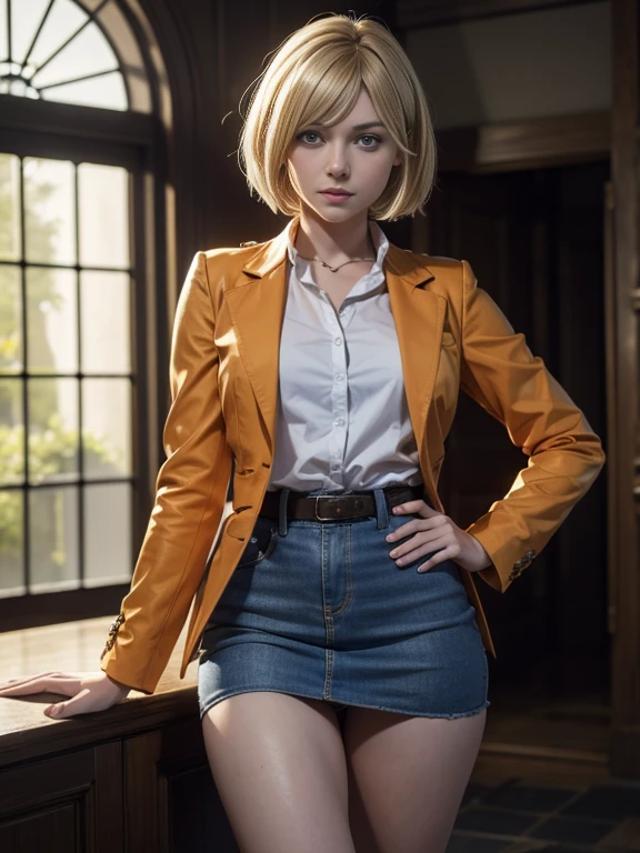 8K,Masterpiece,One woman,Smile,30 years old,blue eyes,Blonde Hair,Short Bob Hair,Ella Freya, a beautiful Dutch YouTuber(Ella Freya),「Resident Evil RE:4」Ashley, the heroine of,Dull orange blazer jacket,mini skirt
