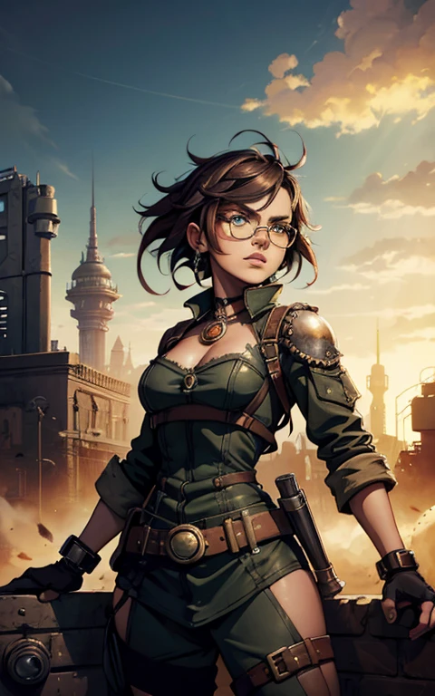 ambiente steampunk, dramatic art, estilo de arte dieselpunk, apocalyptic road warrior vibe, a girl wearing beautiful mirrored sunglasses that reflects everything around her, arte digital surrealista, Mad Max inspirado, heavy metal artwork, simetria da face cromada, arte steampunk digital, no estilo Mad Max, metal art, not art style by Filip Hodas, arte digital steampunk, dieselpunk, em um mundo hightech
