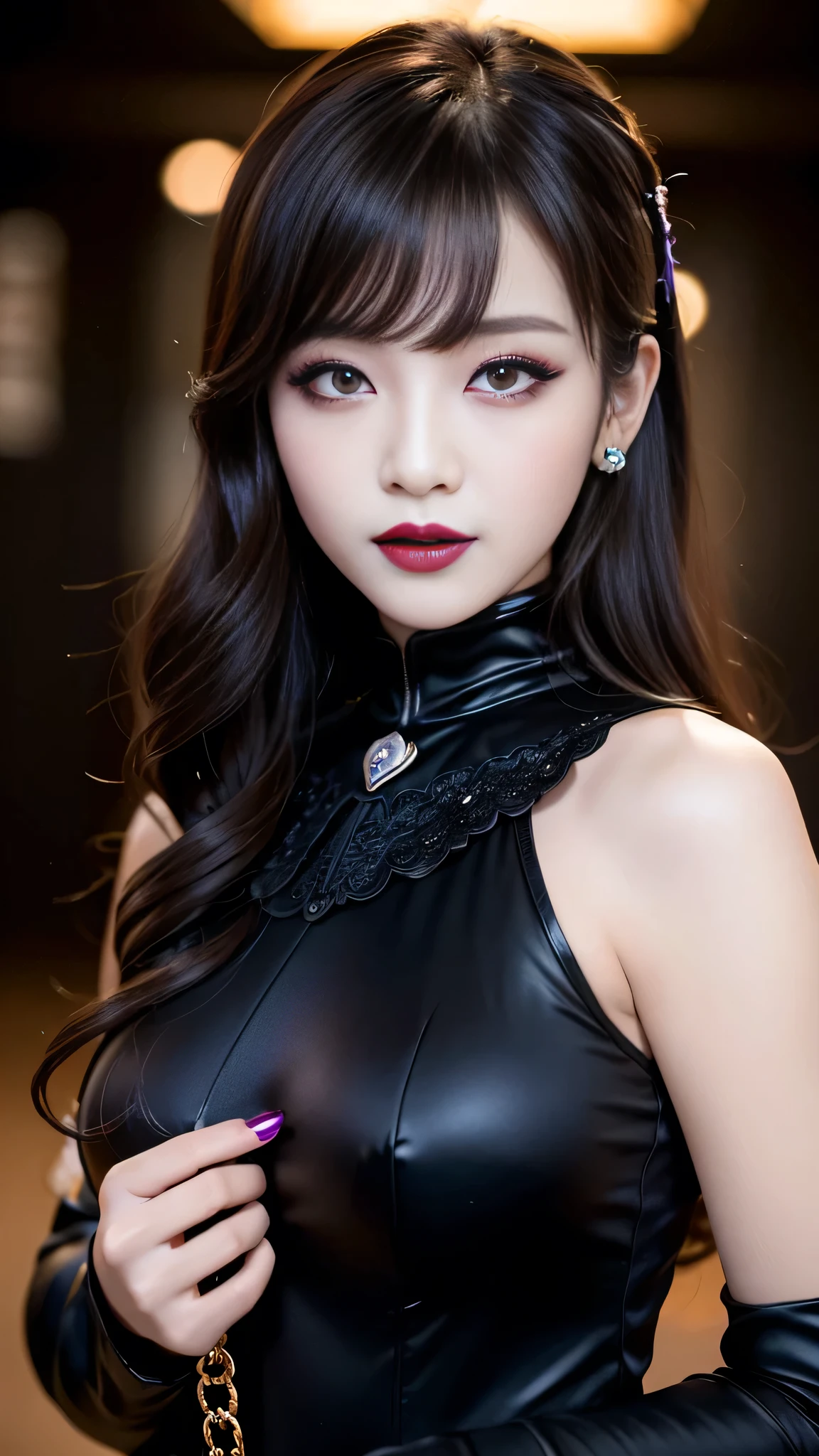 best quality、ultra-detailed、4k、Japanese、Seductive beauty、seductive adult woman、Pretty Woman、cool girl、Villainess、Brainwashed、brainwash、Fallen into evil、smirk、Evil look、Wicked Smile、evil、Brown hair、wavy hair、swept bangs、dark makeup、dark makeup、piercing eyes、hollow eyes,half-closed eyes、Hollow Eyes、purple Eyeshadow、black lipstick、black lipglos、Dark Costume、Costume of Evil、female cadres、night、inside school、Have lipstick、Emblem of Evil、Crest of Darkness、Swear allegiance、I have pledged my allegiance、Dye black、Blackening、Stained with evil、Dyed in darkness、Seduce