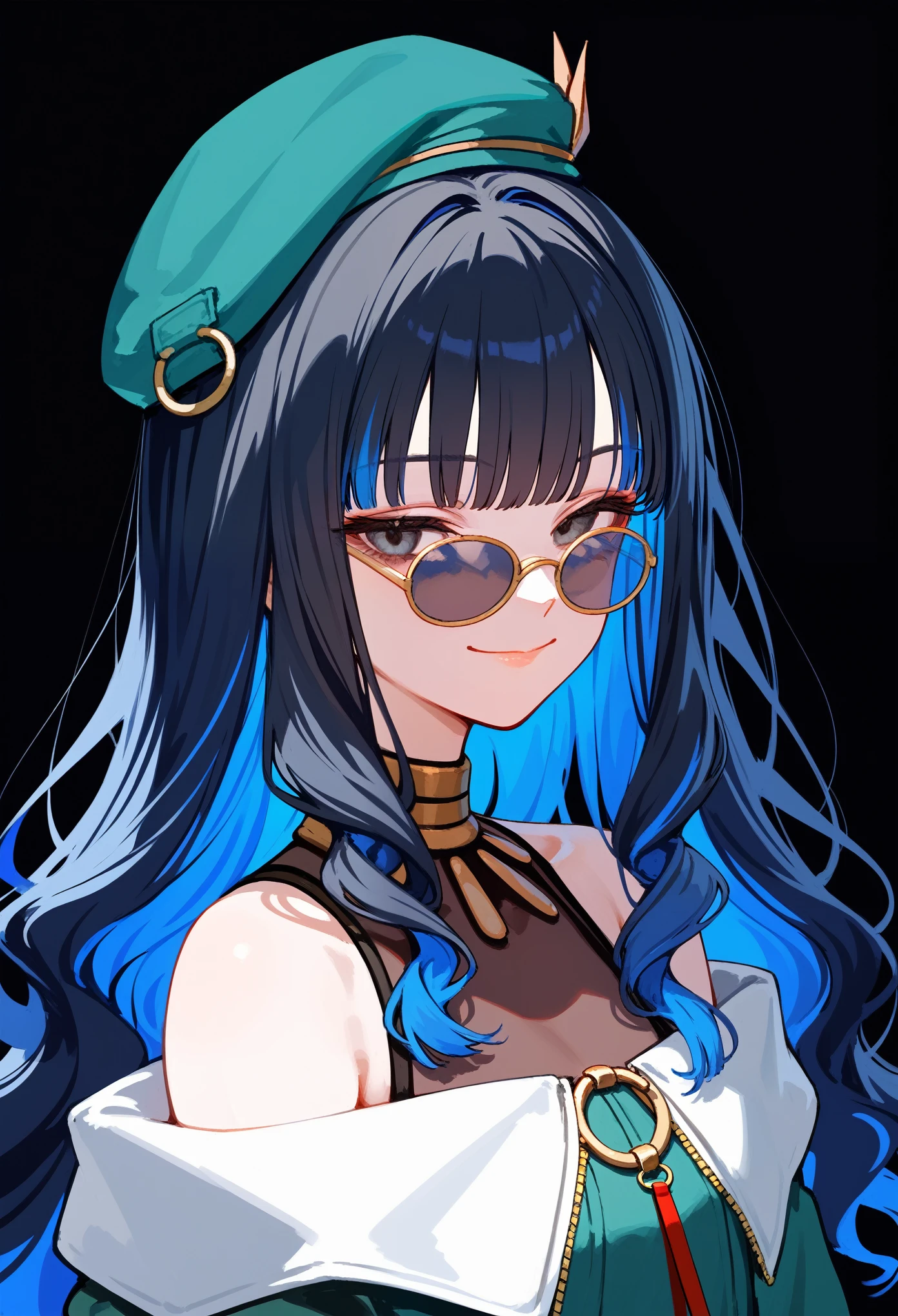 upper body, 1girl, solo, long hair, black hair, colored inner hair, blue hair, wavy hair, eyeliner, makeup, jewelry, beret, o-ring, neck ring, black shorts, buttons, round sunglasses, bracelet, bare shoulders, green jacket, off shoulder, zipper, small smile, narrowed eyes, closed mouth, mewing, big chin, portrait, black background, simple background, masterpiece, score_9, score_8_up, score_7_up