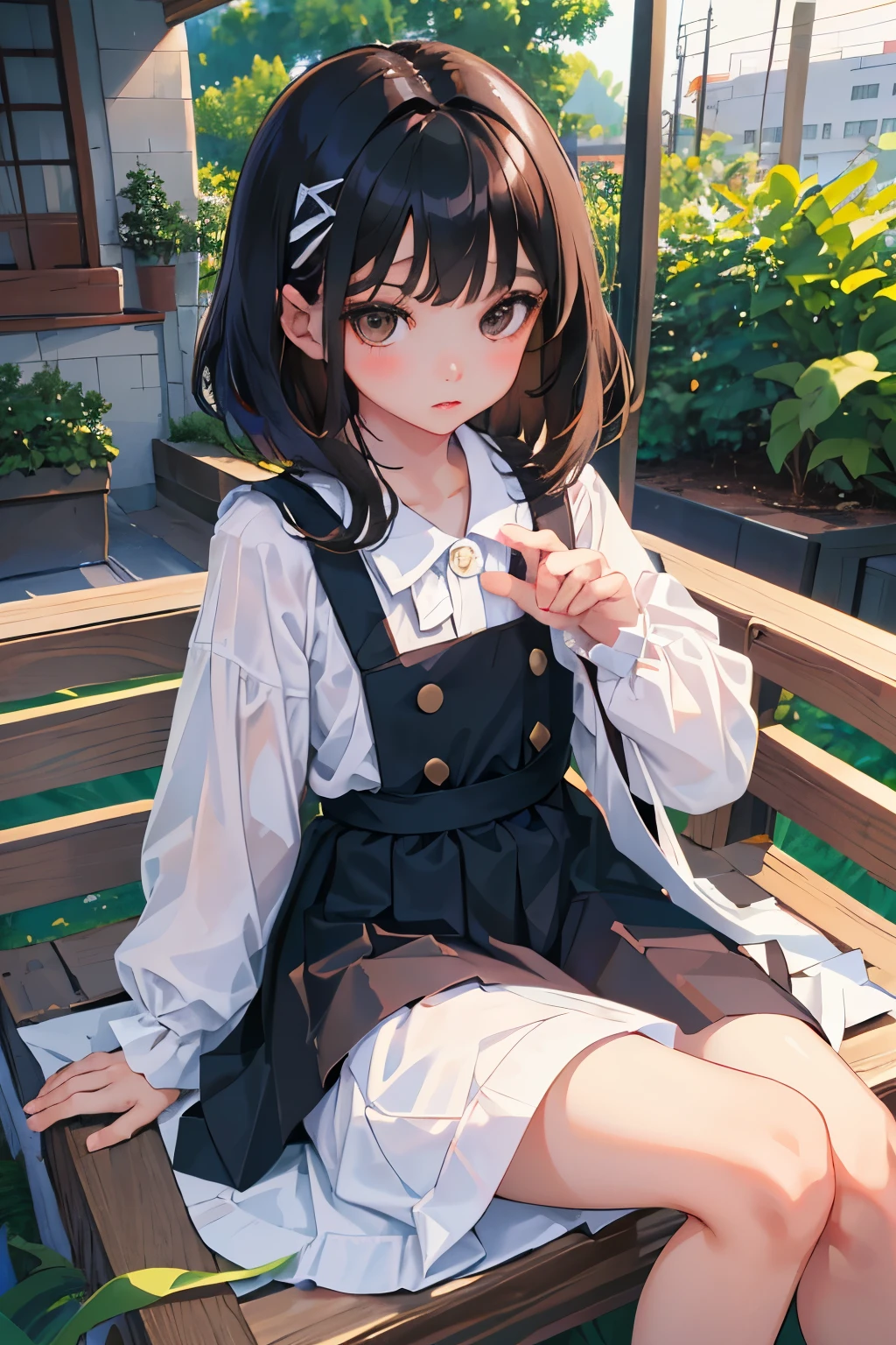 (child),highest quality,Beautiful face in every detail,cute,Dark brown eyes,(背の低いcute女の子,Small young student,Young delicate girl),(masterpiece,Top quality),Black Hair,Sleepy expression,Lolita Clothing,Short sleeve white shirt,Colorful checked skirt,garden