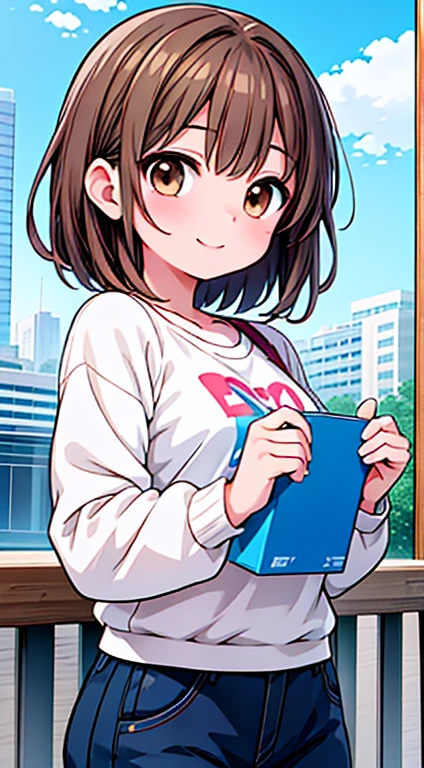 One woman,20-year-old,((highest quality)), masterpiece, Ultra-high resolution, 8k,Show anime style , One, Soft Line Art, Digital Enhancement, shojo anime touch, shojo manga core, Flowing fabric, close, Soft Drawing, (Ultra-Definition Digital Anime Art), Clear facial depiction, ((Super detailed girl cartoon character art)), (Ultra-detailed manga style), highest qualityの色, ((ショートカットのBrown Hair)), 美しいBrown Hair, (澄んだBrown eyes), Slightly chubby,Small breasts,Dynamic Angle, Dynamic pose, Thin face, a smile, smile, Beautiful woman, ((Sexy Woman)), (((Brown eyes, short hair, Brown Hair,))), Woman in white t-shirt, Adult female, Wear shorts, Animated characters in a scene from a balcony of a building with the sky in the background, Your Name movie style, Stills in TV anime, yourname, fiona staples and makoto shinkai, makoto shinkai and bioware, guweiz and makoto shinkai, Anime stills, Animated film stills, Anime movie screenshots, (Natural skin textures and crisp details, Ultra-realistic)