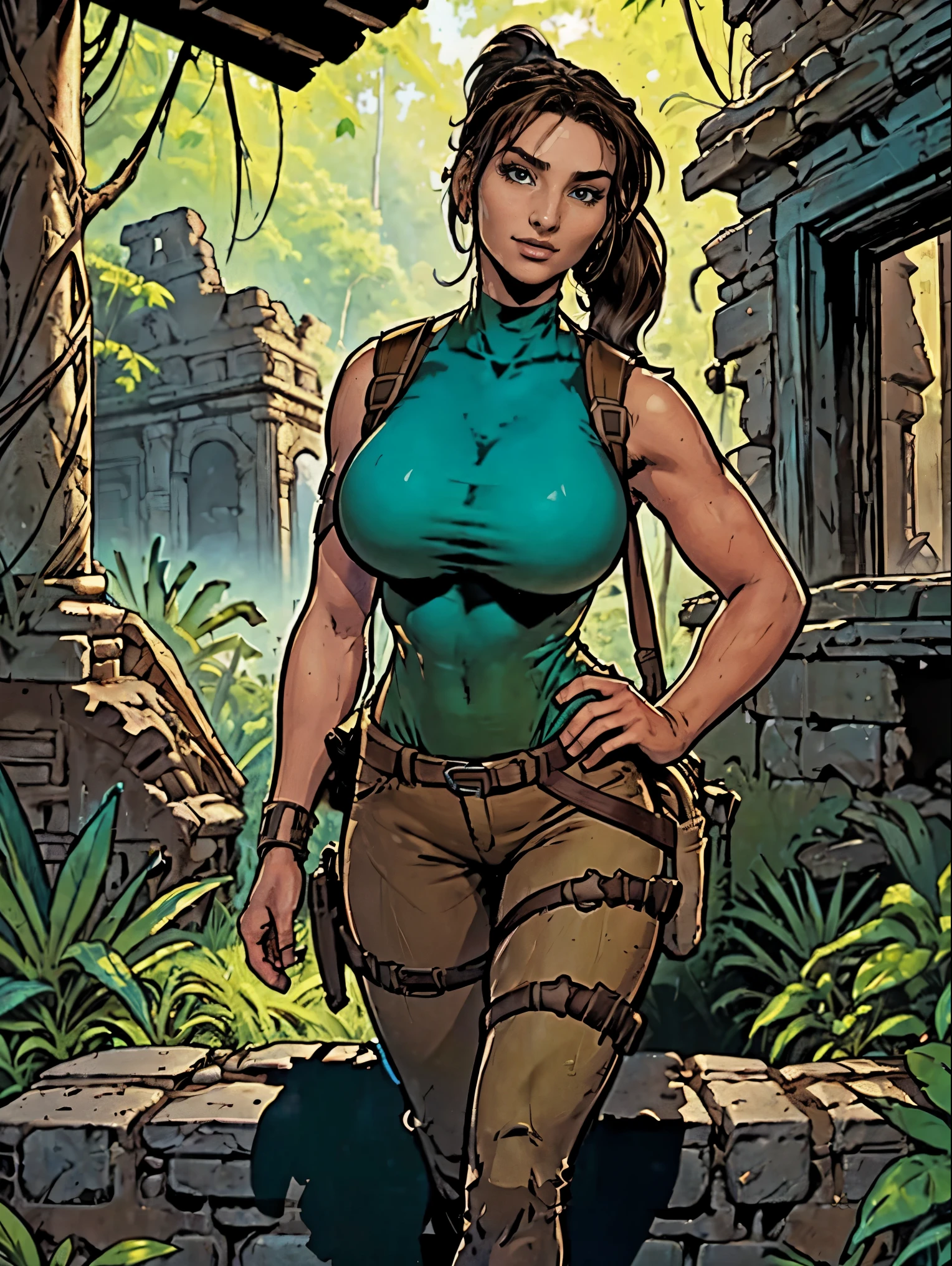 (masterpiece, top quality, best quality, official art, beautiful and aesthetic:1.2), (1girl:1.3), brown hair, ponytail, extremely detailed, portrait, looking at viewer, solo, (full body:0.6), detailed background, close up, mischievous eyes, (cool Incan ruins theme:1.1), pleasant smile, brunette, aquiline nose, green eyes, ponytail, ((gigantic breasts)), (thin), athletic, Lara Croft. Wearing a sleek (high-neck) light blue sleeveless top, brown shorts, boots, shoulder harness, backpack, holsters, utility belt, slim waist, slim hips, long legs, ancient (jungle ruins exterior:1.1) detailed background, bright optimistic lighting, shadows, magical atmosphere, dutch angle