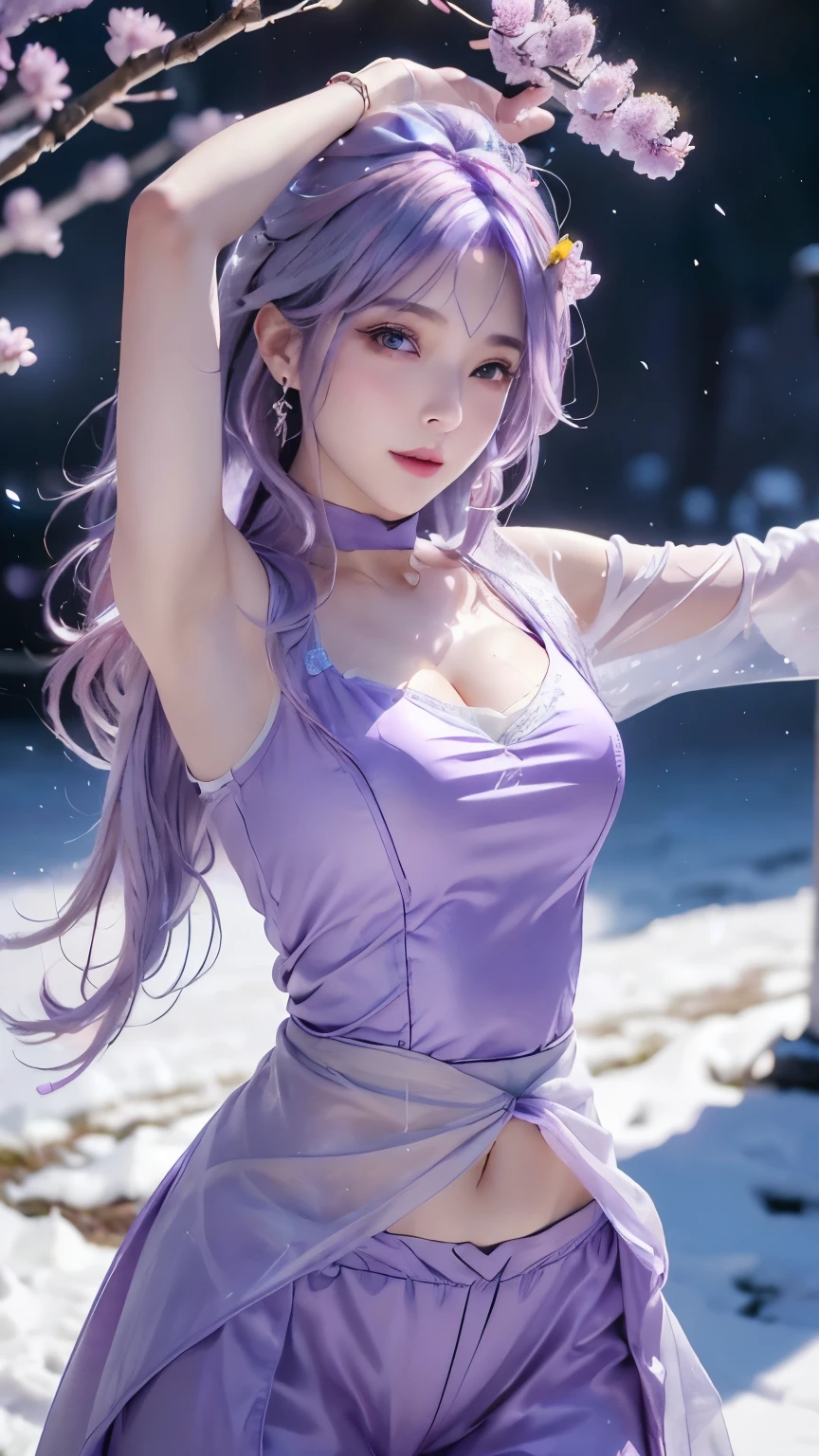 (logo、masterpiece、8k、Tabletop、RAW Photos、wonderful、最high quality、フォトリアルでVery detailedなCG統合8k壁紙、high quality、Very detailed、Narrative poem、Particle Effects、Dynamic Effects、Depth of text、Cinematic Light、Lens flare、Ray Tracing)、Fantasy、(1 beauty、Light purple hair、Beautiful Face、Real Face、Detailed eyes、Beautiful Skin、woman dancing gracefully:1.7、woman dancing gracefully:1.7)、Windになびく髪、髪弾む髪がWindに舞う、Hair Jump、Light purple halter neck、Light purple leather pants suit、Light purple leather jacket、Silver Earrings、night、Wind、darkness、雪とhoarfrost、Frozen Winter Day、snow-capped mountains and forests、hoarfrost、Snow-capped mountain々、The beauty and brilliance of frost-covered trees、Silent and beautiful grasslands in a world of ice and snow、vast land、Lakeside、wonderful景色、美しい自然のWindの景色、night空、Wind、cherry blossoms、cherry blossomsの花びらが舞っている、cherry blossoms吹雪、Falling petals