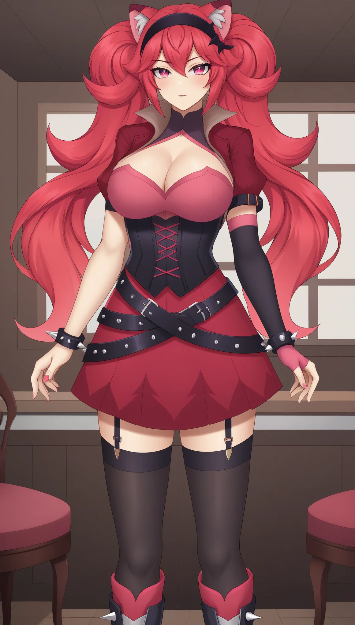 LunariaVTXL, pink eyes, red hair, bangs, sidelocks, long hair, twintails, animal ears, hairband, large breasts, (red jacket:1.2), cleavage, corset, spiked bracelet, single elbow gloves, right arm elbow gloves, striped elbow gloves, pink fingerless gloves, red skirt, belt, garter straps, fishnet thighhighs, black thighhighs, boots, solo, standing, looking at viewer, indoors