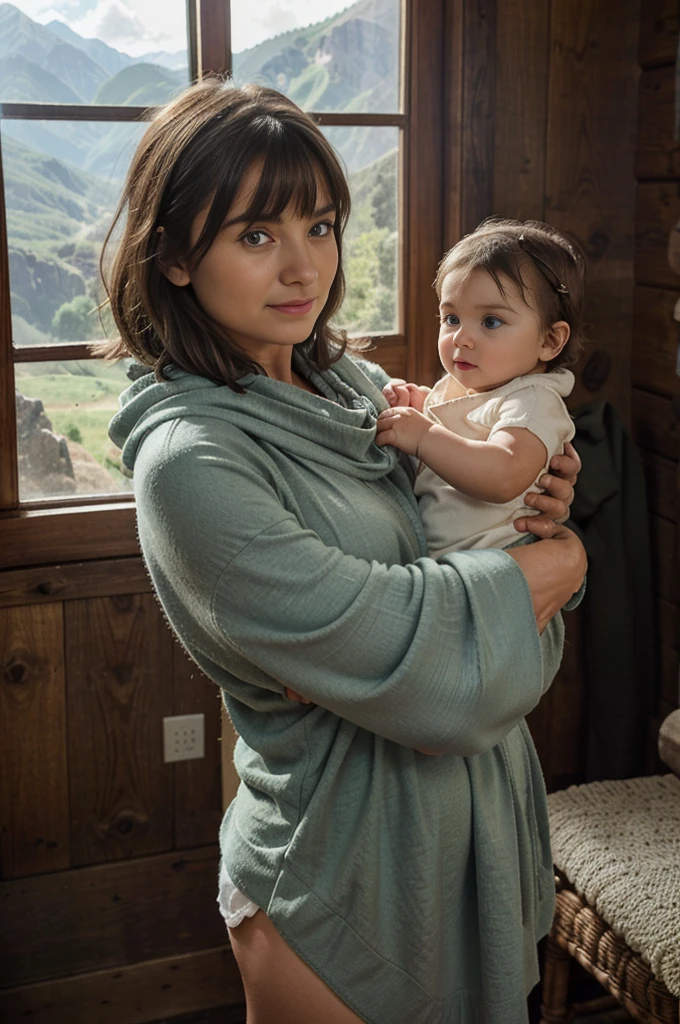 Old and sage grandmother holds a baby in her arms, shawl on the shoulders, wool cover on legs, indoor, alone, mountain cabin, the sun's rays enter through the window, daytime, blue sky, blue eyes, detailed eyes, medium hair, brunete hair, loose hair, bangs,