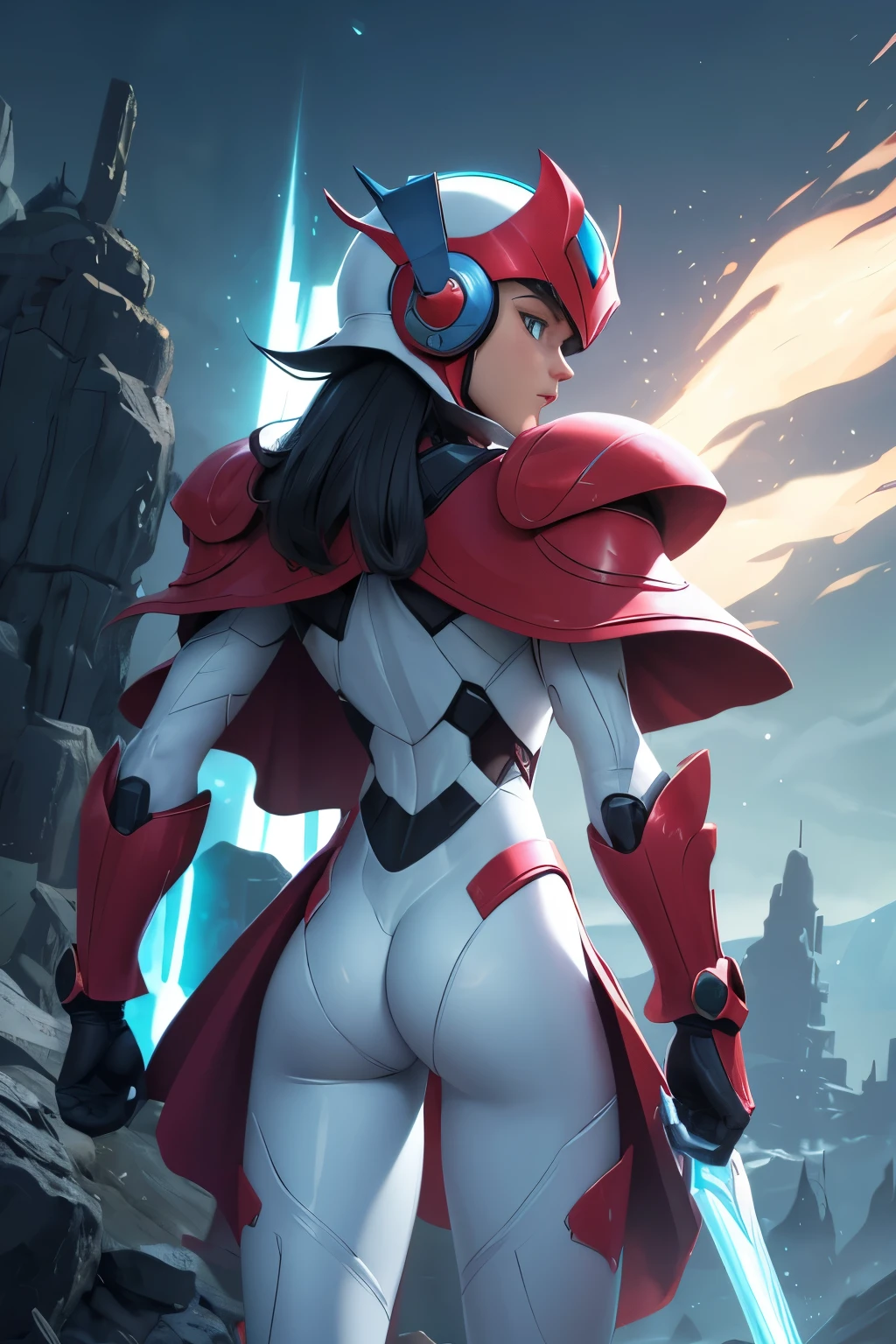 , 8k, ultra detailed, cartoon, best quality,nice art,perfect art,nice detailed art,best quality, 8k, best quality, ultra-detailed,fantasy art , 8K, HD,In his Judge form, has a helmet with three horns that resemble thunders that flares out behind his back and a silvery white bodysuit with a cape,megaman zero game