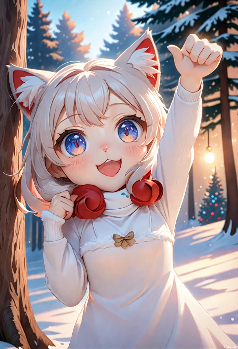 cat girl, chibi, in a fur coat, hat with horns, Red clothes, there is a bell on the neck, reaches for the sign, which hangs on a winter tree, pine tree, Rendering, Anime background art, pixiv contest winnerAnime girl with cat ears cute!! chibi!!! cat girl, милый anime cat girl, with index finger, Nekomimi, anime cat girl!, cat girl, furry фураффинность, masterpiece, top quality, Best quality, official art, Beautiful and aesthetically pleasing:1.2), 2D, (Best quality, masterpiece), anime, (very detailed face), (very detailed eyes), White background, Ideal lighting, dressed in a red goat costume