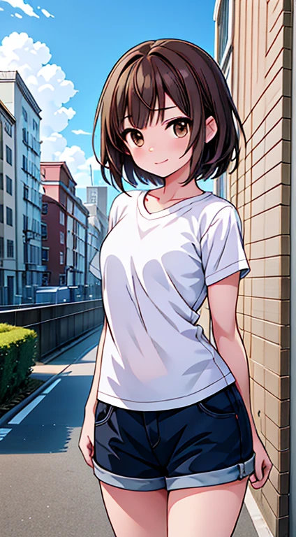 One woman,18%%20-year-old,((highest quality)), masterpiece, Ultra-high resolution, 8k,Show anime style , One, Soft Line Art, Digital Enhancement, shojo anime touch, shojo manga core, Flowing fabric, close, Soft Drawing, (Ultra-Definition Digital Anime Art), Clear facial depiction, ((Super detailed girl cartoon character art)), (Ultra-detailed manga style), highest qualityの色, ((ショートカットのBrown Hair)), 美しいBrown Hair, (澄んだBrown eyes), Slightly chubby,Small breasts,Dynamic Angle, Dynamic pose, Thin face, a smile, smile, Beautiful woman, ((Sexy Woman)), (((Brown eyes, short hair, Brown Hair,))), Woman in white t-shirt, Adult female, Wear shorts, Animated characters in a scene from a balcony of a building with the sky in the background, Your Name movie style, Stills in TV anime, yourname, fiona staples and makoto shinkai, makoto shinkai and bioware, guweiz and makoto shinkai, Anime stills, Animated film stills, Anime movie screenshots, (Natural skin textures and crisp details, Ultra-realistic)