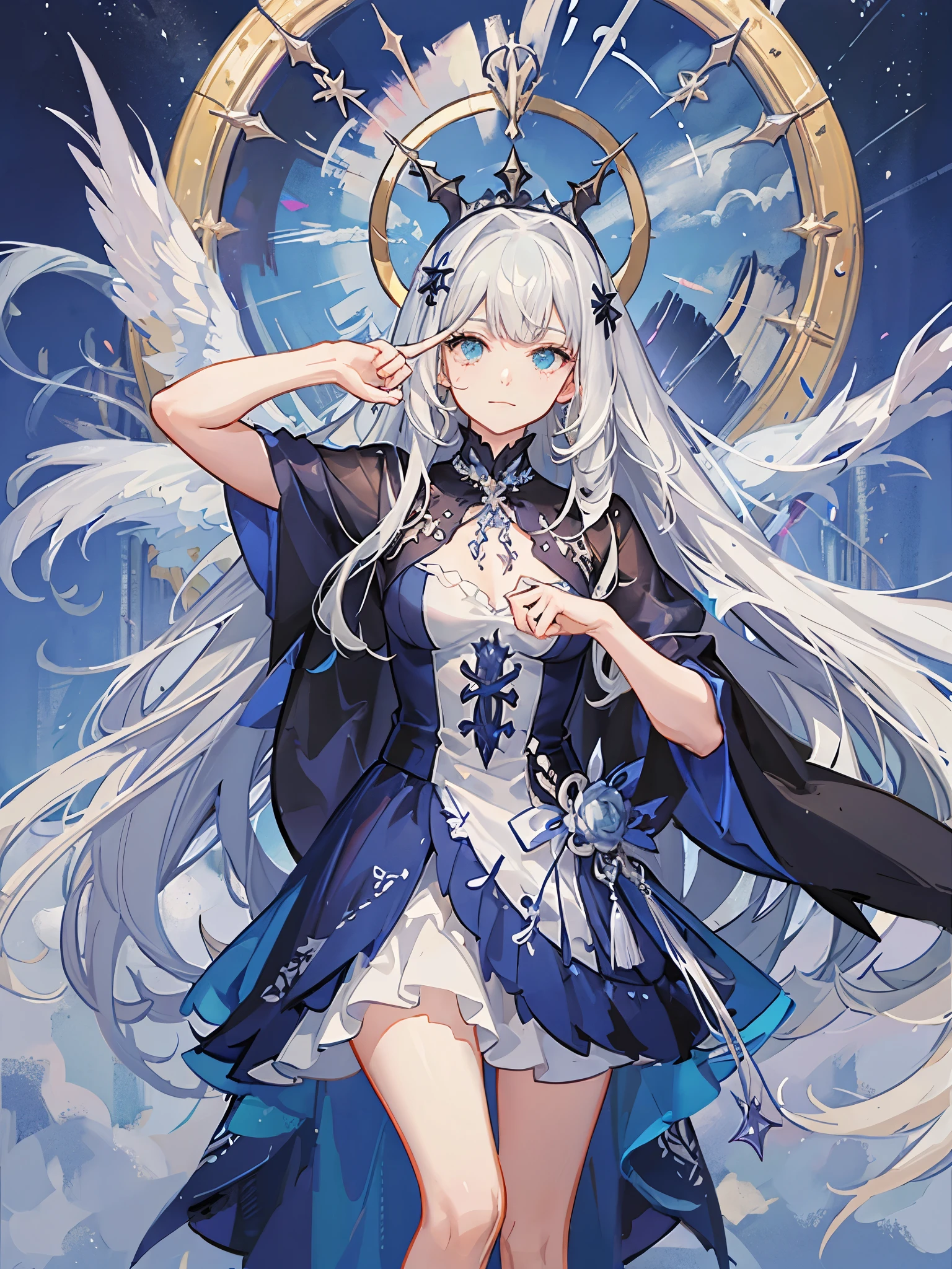 Girl half angel and half demon, com o cabelo branco com preto, um vestido preto com detalhes brancos, uma salto alto preto, de pele branca, com uma aura roxa no lado esquerdo e azul marinho no lado direito, com uma foice com um olho que emana uma aura vermelha