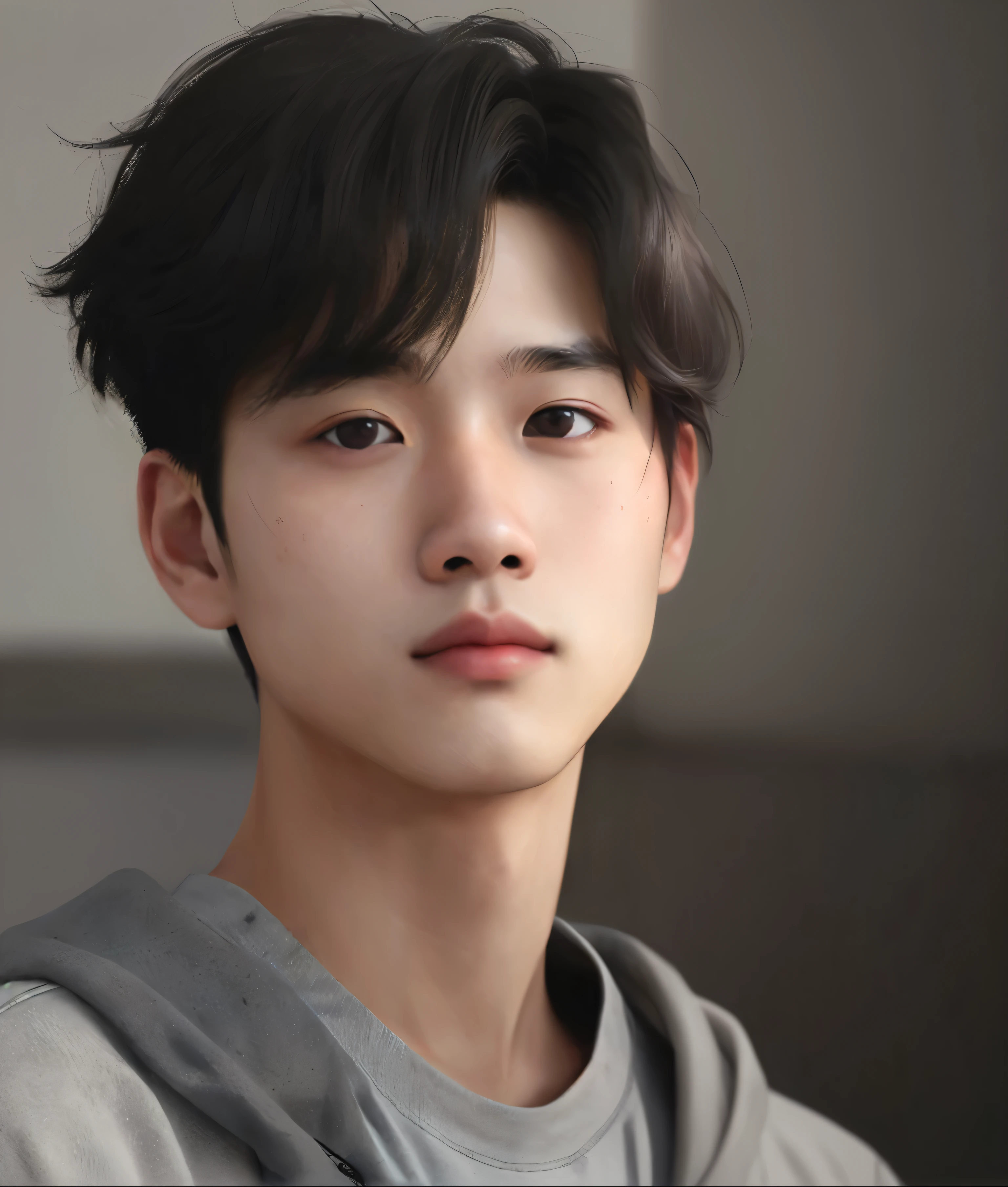 Asian man in grey shirt and grey hoodie, Soft portrait shots 8 k, inspired by Yanjun Cheng, yanjun chengt, Inspired by jeonseok lee, cute korean face, 8K Portrait Rendering, Kim Do-young, jinyoung shin, Practical. cheng yi, hyper Practical style, Detailed face of an Asian boy