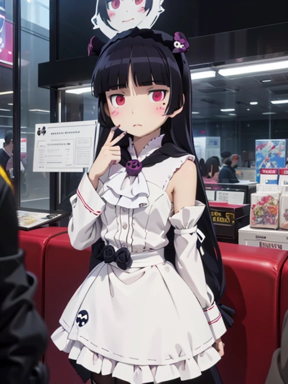 1girl, long hair, black hair, red eyes, 1boy, dress, hood, mole, mole under eye, blush stickers, head wings, :<, ta fashion, skull, gothic loligokou ruri