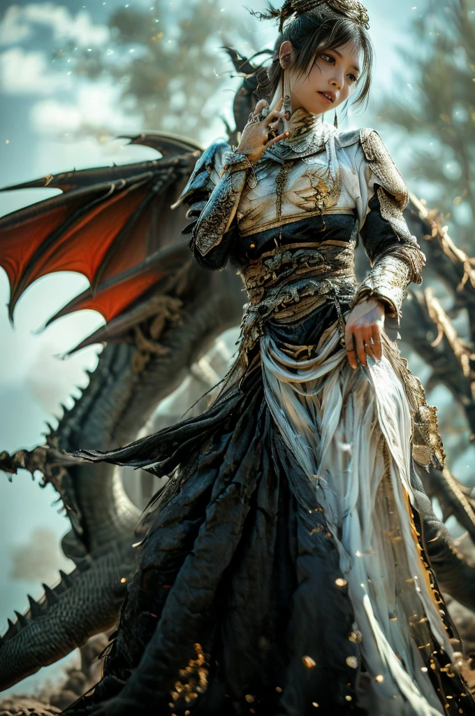 (8k, highest quality, masterpiece)，(Realistic, RAW Photos, Super Fine Clear), Realistic Light, Detailed skin, Beautiful woman, ((25 year old girl, Dragon Knight:1.5)), Thin legs, fine grain, Long white hair, Detailed fingers, thin, Sexual, ??????? Facial Expressions, (Super big bouncy and firm bust), The chest of the armor is wide open, Exposing breasts, (Crimson armor), (garden, Flower Storm), Lakeside palace, 1 Golden Dragon, Stand beside the dragon