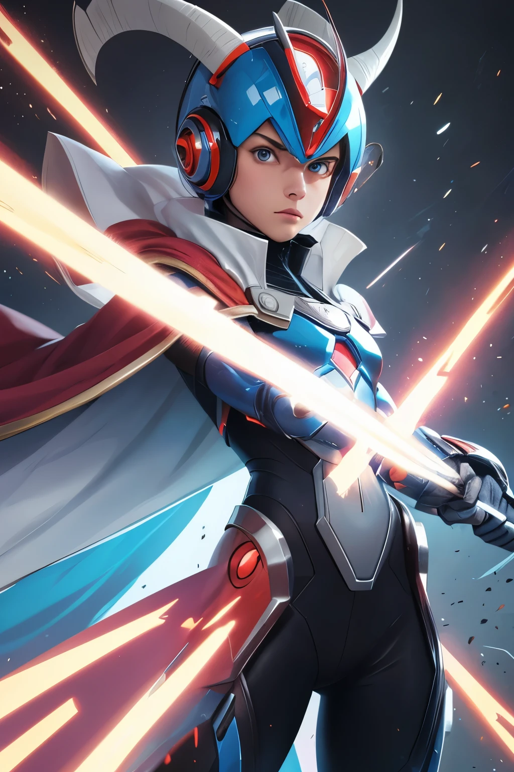 , 8k, ultra detailed, cartoon, best quality,nice art,perfect art,nice detailed art,best quality, 8k, best quality, ultra-detailed,fantasy art , 8K, HD,In his Judge form, has a helmet with three horns that resemble thunders that flares out behind his back and a silvery white bodysuit with a cape,megaman zero game,male