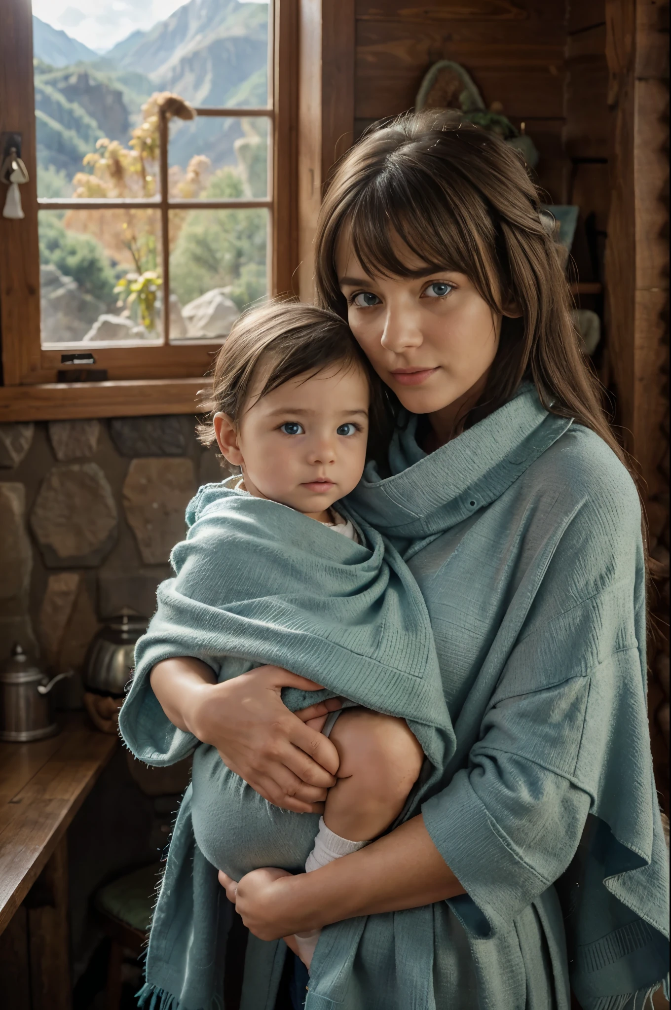 Old and sage grandmother holds a  in her arms, shawl on the shoulders, wool cover on legs, indoor, alone, mountain cabin, the sun's rays enter through the window, daytime, blue sky, blue eyes, detailed eyes, medium hair, brunete hair, loose hair, bangs,