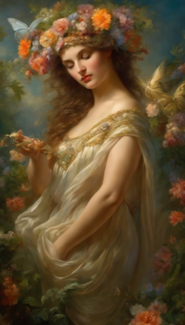 an oil painting artwork depicting the goddess of Greek or Roman mythology, inspirado en el estilo de pintura de Peter Paul Rubens. Capture the magical and enchanting presence as it appears with a mystical aura., rodeado de mariposas y plantas y flores. Infunde la pintura con colores pasteles vibrantes., dramatic lighting, and intricate details characteristic of Rubens' dynamic and emotive style. Deje que el poder y la belleza de la diosa brillen en un retrato cautivador que da vida a su esencia femenina en el lienzo., obra maestra, premiado, mejor calidad, muy detallado, obra de arte impecable, hermosa naturaleza en el fondo,