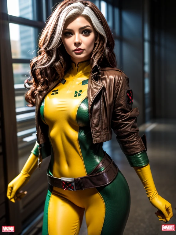 Kat Denningasterpiece、High quality 4K、villain (X-Men)、Gothic Girl、Sculpted Body Gothic Makeup、Brown jacket、Yellow and green bodysuit、masterpiece、highest quality、Cowboy Shots、one personの女の子、one person、Technology Military Bodysuit、fringe
