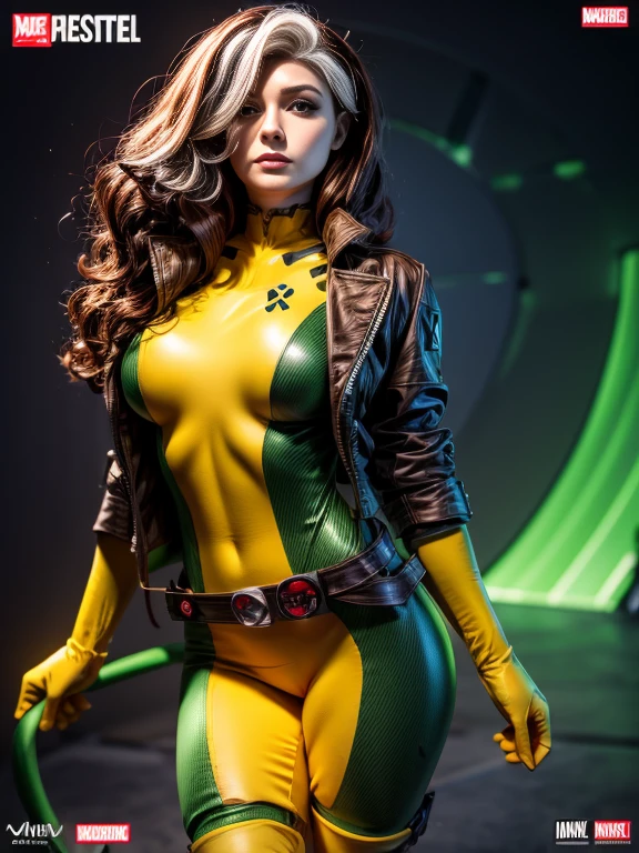 Kat Denningasterpiece、High quality 4K、villain (X-Men)、Gothic Girl、Sculpted Body Gothic Makeup、Brown jacket、Yellow and green bodysuit、masterpiece、highest quality、Cowboy Shots、one personの女の子、one person、Technology Military Bodysuit、fringe