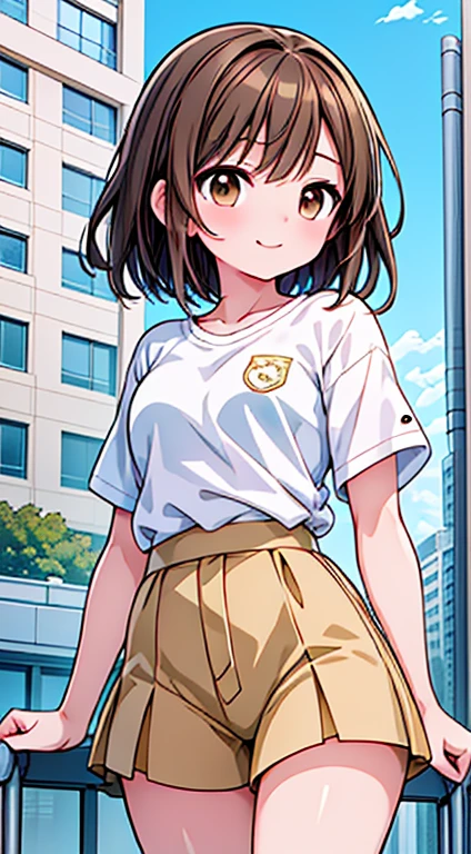 One woman,22 years old,((highest quality)), masterpiece, Ultra-high resolution, 8k,Show anime style , One, Soft Line Art, Digital Enhancement, shojo anime touch, shojo manga core, Flowing fabric, close, Soft Drawing, (Ultra-Definition Digital Anime Art), Clear facial depiction, ((Super detailed girl cartoon character art)), (Ultra-detailed manga style), highest qualityの色, ((ショートカットのBrown Hair)), 美しいBrown Hair, (澄んだBrown eyes), Slightly chubby,Small breasts,Dynamic Angle, Dynamic pose, Thin face, a smile, smile, Beautiful woman, ((Sexy Woman)), (((Brown eyes, short hair, Brown Hair,))), Woman in white t-shirt, Adult female, Wear shorts, Animated characters in a scene from a balcony of a building with the sky in the background, Your Name movie style, Stills in TV anime, yourname, fiona staples and makoto shinkai, makoto shinkai and bioware, guweiz and makoto shinkai, Anime stills, Animated film stills, Anime movie screenshots, (Natural skin textures and crisp details, Ultra-realistic)