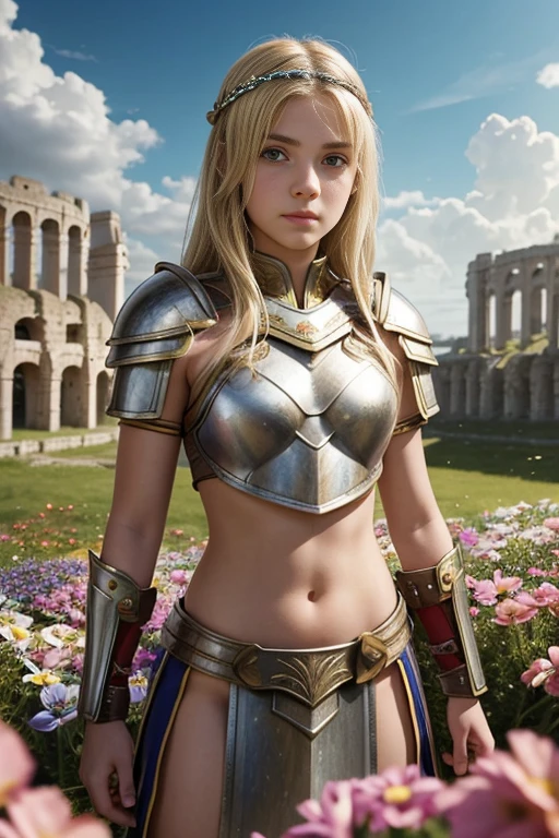 teen girl, roman warrior, princess blade , , teenager girl, small breasts, mini cropped, valkyrian princess ,blonde, detailed face, beautiful, confiant, background in uk land with flowers