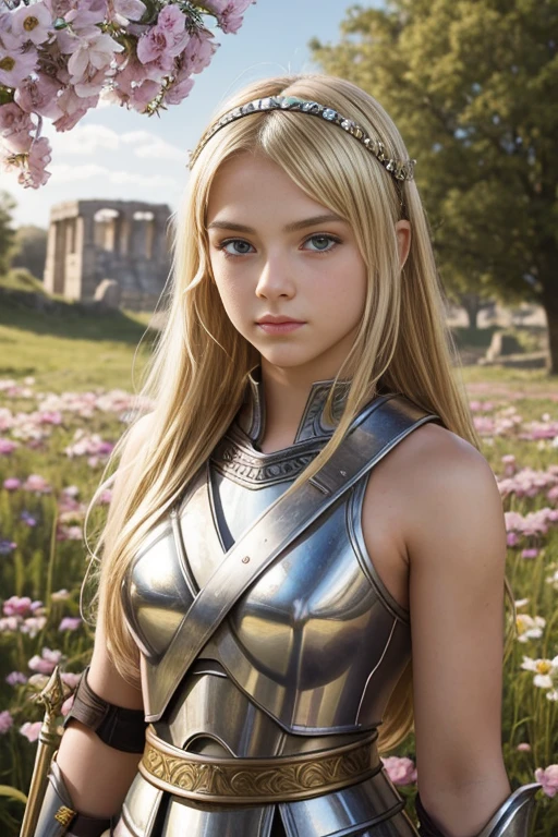 teen girl, roman warrior, princess blade , , teenager girl, small breasts, mini cropped, valkyrian princess ,blonde, detailed face, beautiful, confiant, background in uk land with flowers