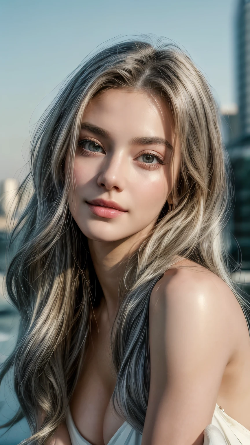 (Top Quality, Masterpiece, Super Hi-Res, Photorealistic:1.4), 4K, Beautiful 18 year old woman, Beautiful details, Clean skin, Smile, Lips, Long eyelashes, Extra large cleavage, Stylish shirt, Full length photo, Graceful posture, Beautiful silver hair, Piercing, Beautiful vivid colors, Beverly Hill's Stylish cityscape, Realistic lighting, Attractive expression, Looking at the camera, One person