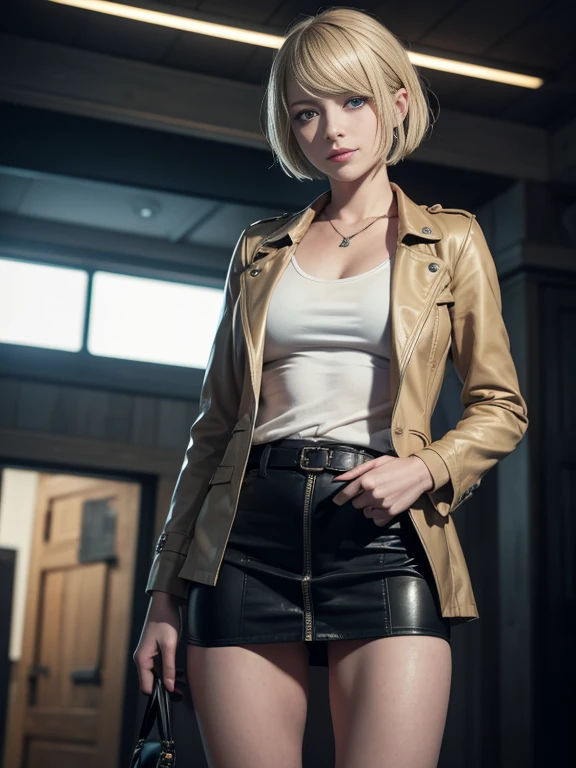 8K,Masterpiece,One woman,Smile,30 years old,blue eyes,Blonde Hair,Short Bob Hair,Ella Freya, a beautiful Dutch YouTuber(Ella Freya),「Resident Evil RE:4」Ashley, the heroine of,Dark camel blazer jacket,Checked mini skirt