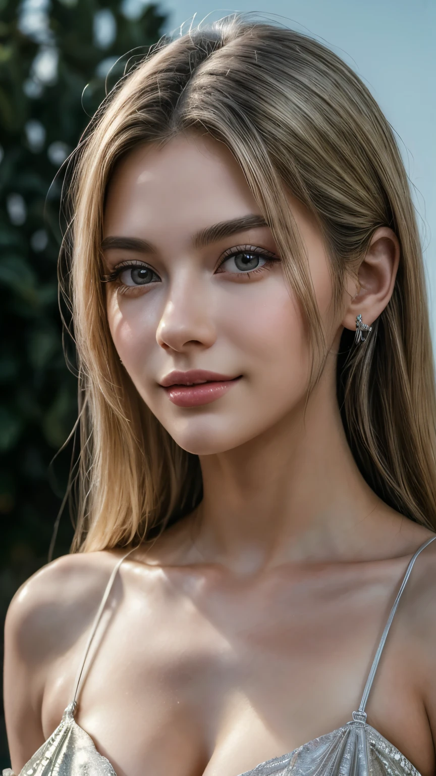 (Top Quality, Masterpiece, Super Hi-Res, Photorealistic:1.4), 4K, Beautiful 18 year old woman, Beautiful details, Clean skin, Smile, Lips, Long eyelashes, Extra large cleavage, Stylish shirt, Full length photo, Graceful posture, Beautiful silver hair, Piercing, Beautiful vivid colors, Beverly Hill's Stylish cityscape, Realistic lighting, Attractive expression, Looking at the camera, One person