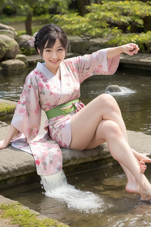 (best quality,4k,8k,highres,masterpiece:1.2),ultra-detailed,(realistic,photorealistic,photo-realistic:1.37),bright kimono,Japanese garden, cherry blossom tree, flowing water, fallen leaves, smiling, graceful pose, morning glow, soft light, (traditional Japanese design), classical beauty, green and pink colors, relaxed atmosphere.