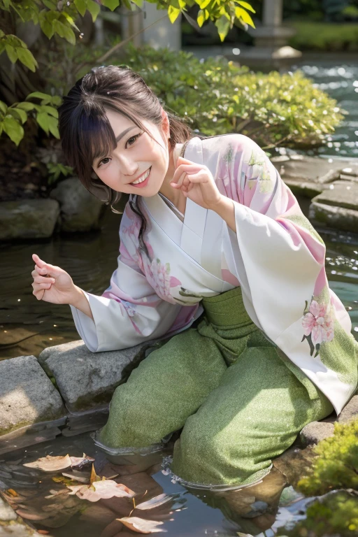 (best quality,4k,8k,highres,masterpiece:1.2),ultra-detailed,(realistic,photorealistic,photo-realistic:1.37),bright kimono,Japanese garden, cherry blossom tree, flowing water, fallen leaves, smiling, graceful pose, morning glow, soft light, (traditional Japanese design), classical beauty, green and pink colors, relaxed atmosphere.