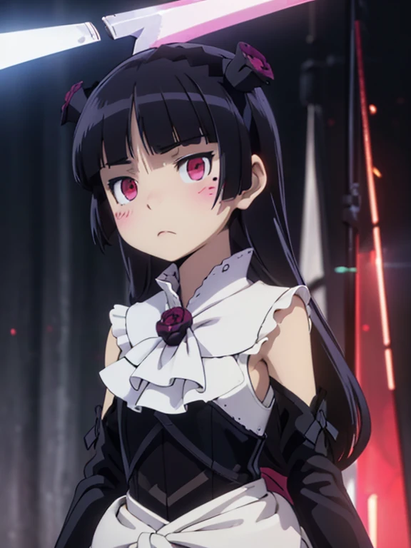 (((Sickle))), (((grim Reaper))), ((black)), (Skeleton), Red eyes, (Whitewashed face)、ruri gokou, Hime cut, Face Paint, darkness, dark, Gothic, mysterious, elegant, Creepy, grace, black, underworld, Shadow, night, cool, Ghost, Different world, antiquity, Mysterious, Mysterious, Heavy, accessories, 1 girl、dress、Food、mole、目の下のmole、blush sticker、Head feathers、:<、Lolita Fashion、Skull、Gothic Lolita、