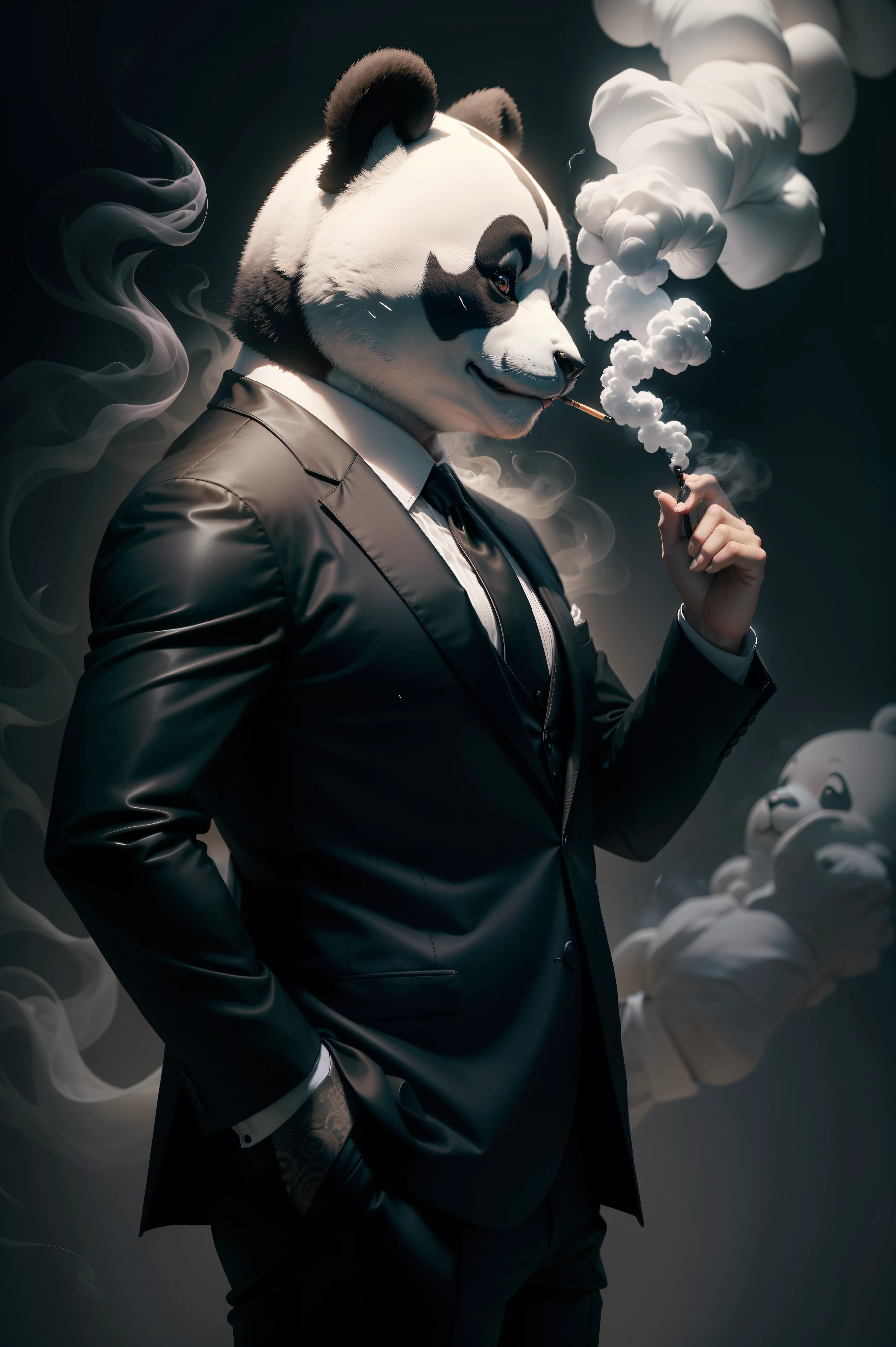 anthropomorphic panda, Vestido com um terno preto, fumar, White smoke, white shirts and tie soft lighting, Cinematic, HDR, primitivo, intricado, alta qualidade, tons suaves, intricado details, baixo contraste,(visto de lado)